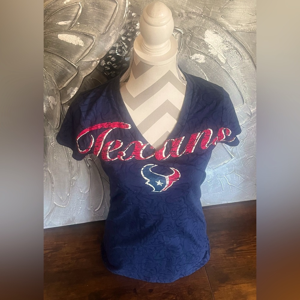 Houston Texans NFL Navy Blue Football Burnout V-Neck Graphic Tee Shirt -Size M